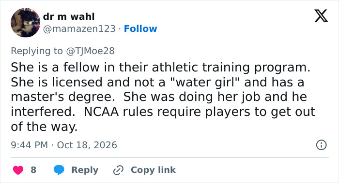 Tweet explaining woman is licensed athletic training fellow with master's degree