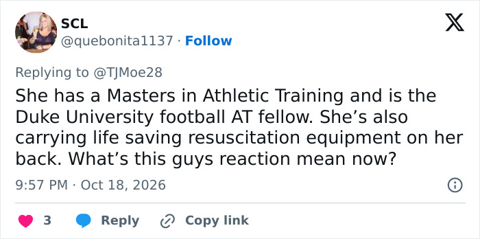 Tweet defending woman with Masters in Athletic Training near football player