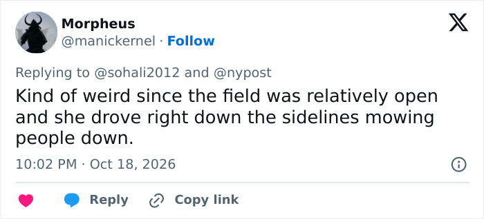 Twitter post questioning the unusual driving path mowing people down at soccer game sidelines Twitter post questioning the unusual driving path mowing people down at soccer game sidelines