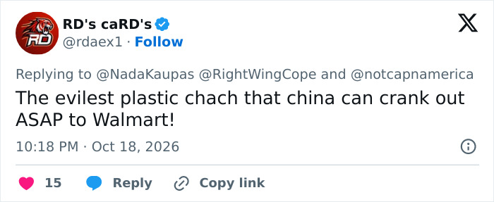 A tweet mocking plastic store items, reacting to a Christian man and a neighbor's Halloween decoration.