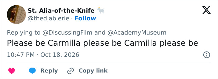 Social media reply hoping trans actress is Carmilla inspiring hormone therapy talk