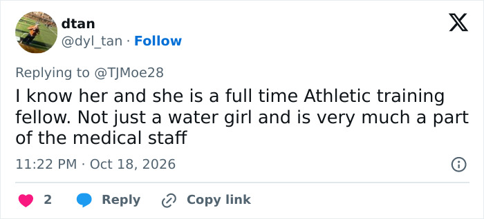 Tweet clarifying woman is full time athletic training fellow