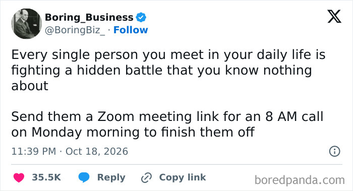 A funny post from a collection of hilarious tweets about sending early Zoom links
