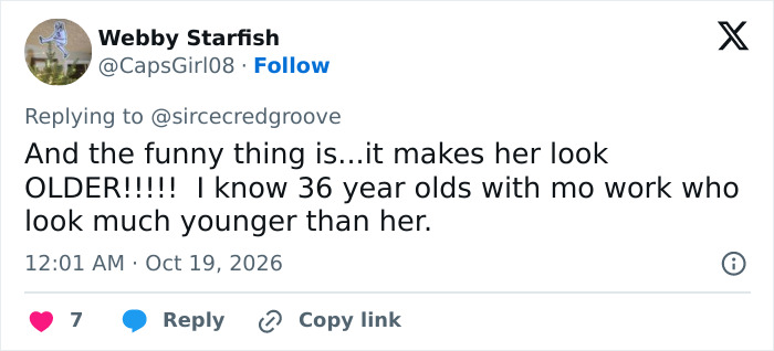 Tweet criticizing Taylor Swift's look as making her appear older Tweet criticizing Taylor Swift's look as making her appear older