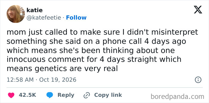 A relatable post by katie about overthinking genetics, included in hilarious tweets shared this October.
