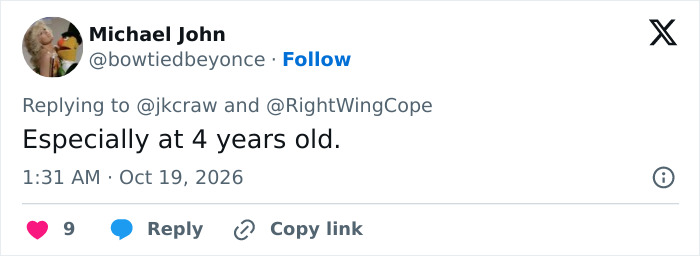 Tweet continuing discussion on a Halloween decoration incident involving a young child.