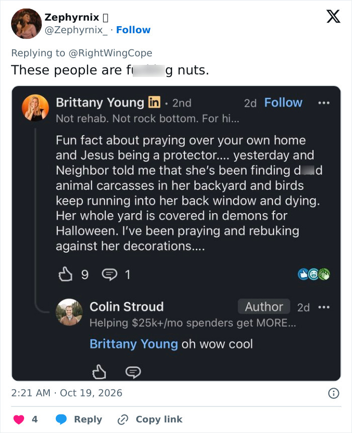 A social media post discussion about Halloween decorations and praying over a neighbor's yard.