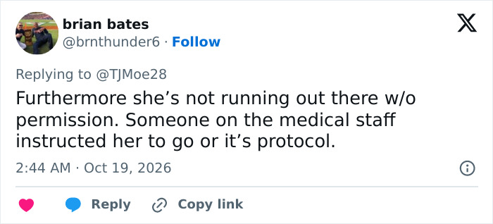 Tweet explaining medical staff protocol for woman's actions during football incident