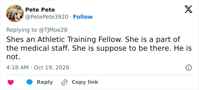 Tweet explaining woman is athletic training fellow part of medical staff