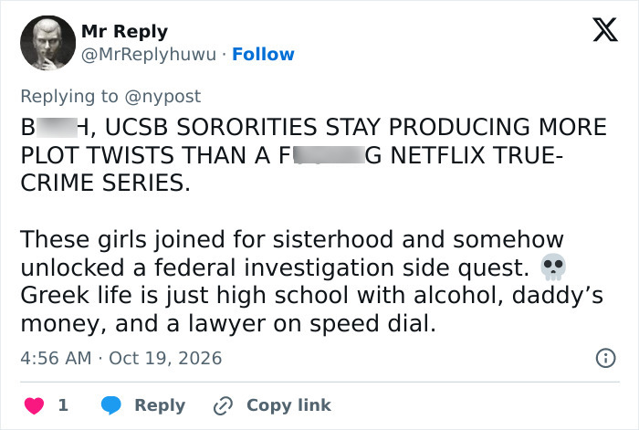 Tweet comparing UCSB sororities to Netflix true-crime series with federal investigation