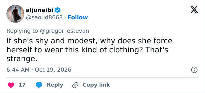 A social media post questioning Bianca Censori fishnet look and clothing choices.