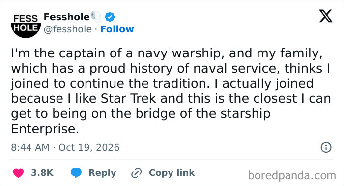 A tweet sharing anonymous confessions of a navy captain who joined because of Star Trek