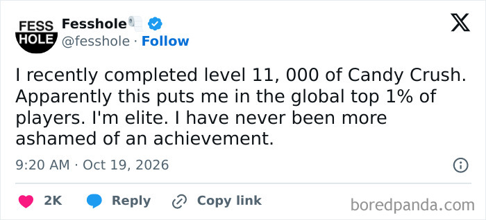 A text post containing anonymous confessions from a gamer ashamed of reaching level 11000 in Candy Crush