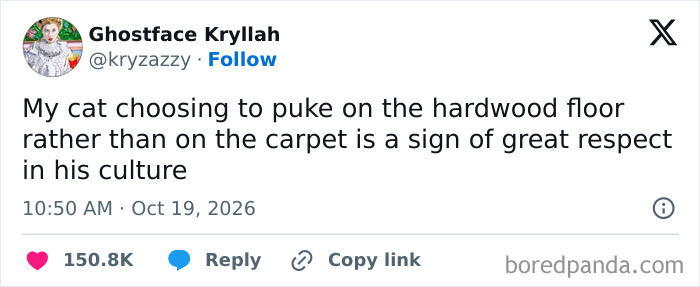 A funny tweet about a cat throwing up on hardwood floor instead of carpet, part of hilarious tweets shared in October.