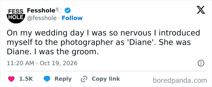 A social media post featuring anonymous confessions of a groom getting confused on his wedding day