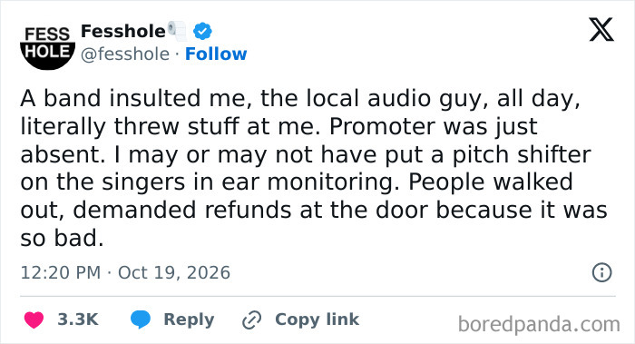 An image with anonymous confessions from an audio technician who sabotaged a rude band during a show