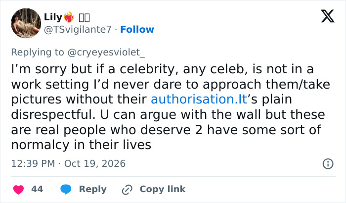 A tweet calling for celebrity privacy and respect following Taylor Swift tense moment with a fan.