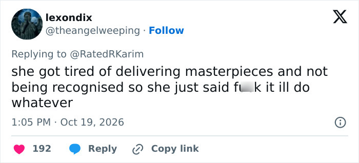 A social media post from lexondix discussing the Hollywood star career slump and recognition in her roles.