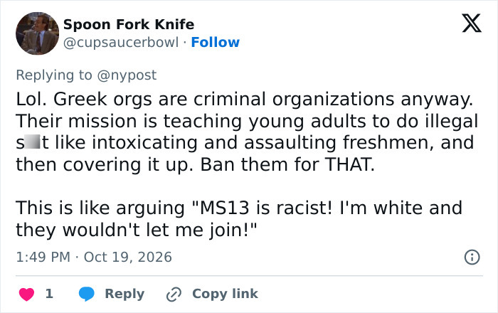 Tweet calling Greek orgs criminal for illegal acts and cover-ups in sorority scandal
