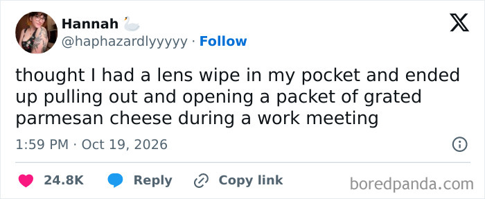 A screenshot of one of the hilarious tweets people shared about opening parmesan cheese instead of a lens wipe.