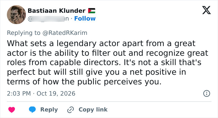 A fan post analyzing actor choices amid a Hollywood star career slump discussion.