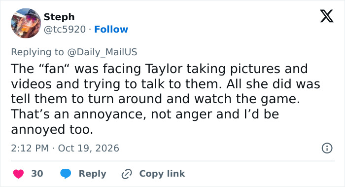 Social media comment defending Taylor Swift during a tense moment with a fan at the Chiefs game.