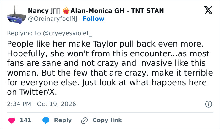 A tweet addressing fan behavior following Taylor Swift tense moment with a fan at a game.