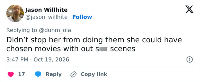 A social media post about a Hollywood actress and safer intimate scenes.