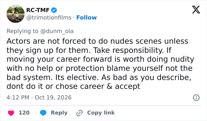 Public comment regarding a Hollywood actress discussing safer intimate scenes.
