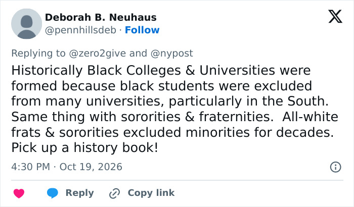 Tweet explaining historical context of sororities and fraternities