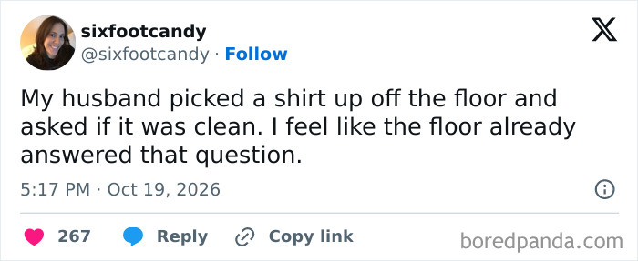 Hilarious tweet about a husband picking a shirt off the floor and asking if it is clean.