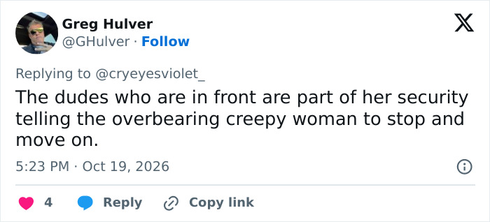 A social post about Taylor Swift at the Chiefs game security team managing an overbearing fan.