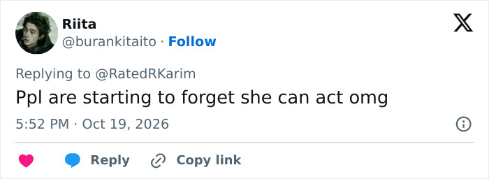 A social media post commenting on how people forget an Oscar-Winning Hollywood Star's acting ability.