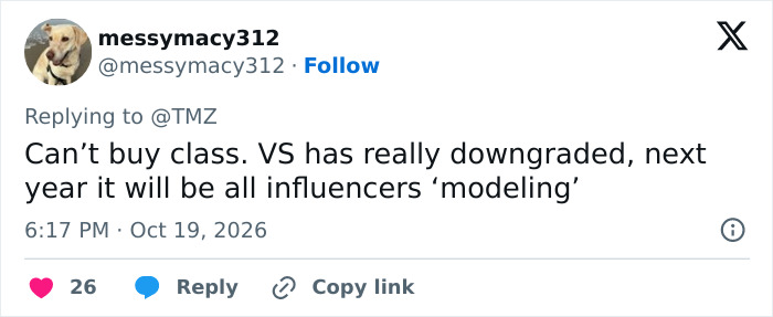 Social media post criticizing influencers modeling at the Victoria's Secret Show after Kylie Jenner backstage drama