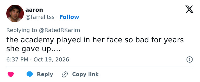 A social media post discussing the Academy's impact on an Oscar-Winning Hollywood Star's career slump.