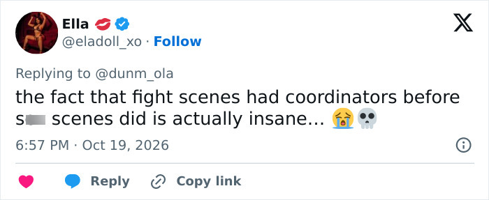 Tweet reacting to a Hollywood actress calling for safer intimate scenes.