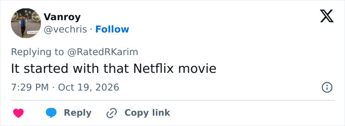 A social media post discussing a Hollywood star's career slump, blaming a Netflix movie for the decline.