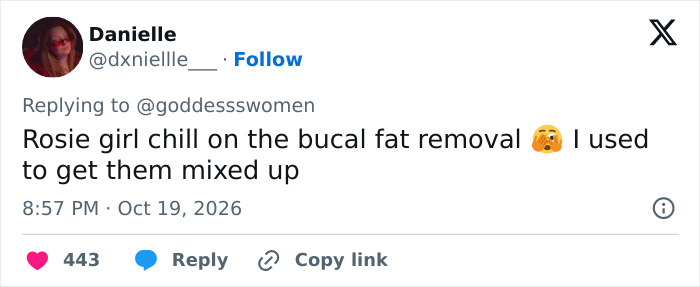 A social media reaction criticizing buccal fat removal as part of a plastic surgery trend. A social media reaction criticizing buccal fat removal as part of a plastic surgery trend.