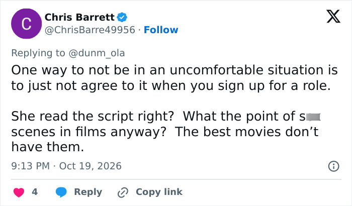 Social media reaction to a Hollywood actress demand regarding reading scripts before intimate scenes.