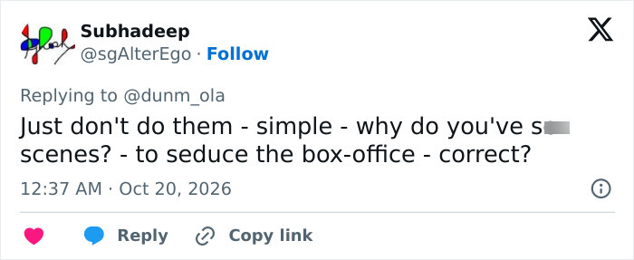 A social media user sharing thoughts on intimate scenes and box office impact in Hollywood films.