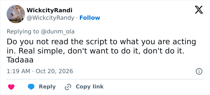 A social media post discussing a Hollywood actress demand for safer intimate scenes in film scripts.