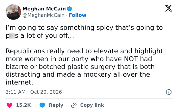 Social media post by Meghan McCain, where a conservative woman slams MAGA face trends. Social media post by Meghan McCain, where a conservative woman slams MAGA face trends.