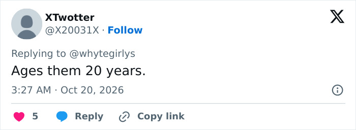 A social media post discussing how a plastic surgery trend makes women appear twenty years older. A social media post discussing how a plastic surgery trend makes women appear twenty years older.