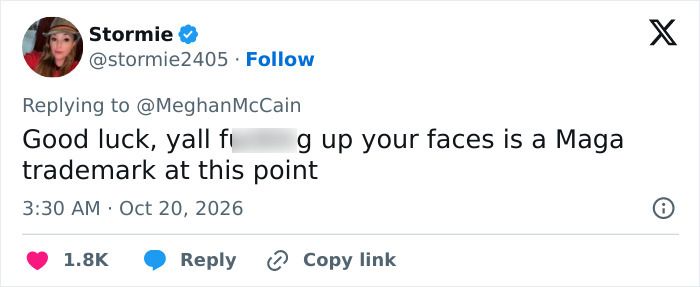 A social media user criticizing cosmetic enhancements as a MAGA Face trend trademark. A social media user criticizing cosmetic enhancements as a MAGA Face trend trademark.