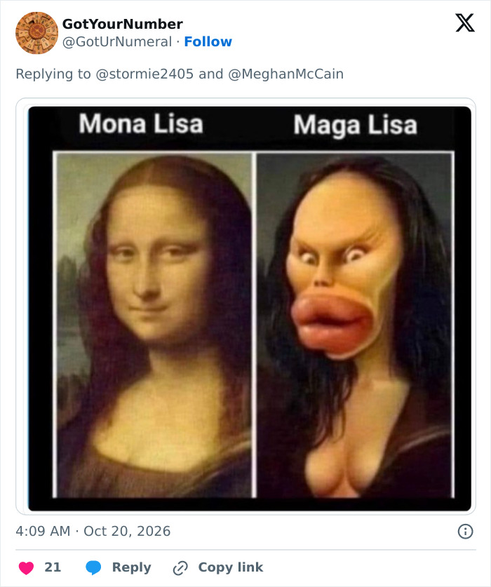 Side-by-side meme comparing Mona Lisa to a exaggerated MAGA Lisa image representing the MAGA Face trend. Side-by-side meme comparing Mona Lisa to a exaggerated MAGA Lisa image representing the MAGA Face trend.