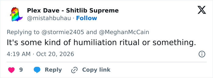 A social media post referencing a humiliation ritual in a discussion about the MAGA Face trend. A social media post referencing a humiliation ritual in a discussion about the MAGA Face trend.