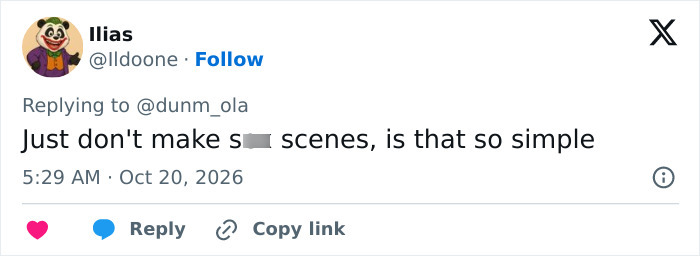 A social media post discussing safer intimate scenes in film.