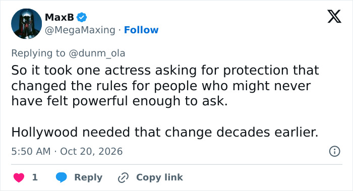 A tweet praising a Hollywood actress for demanding safer intimate scenes.