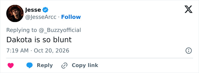 A social media post featuring a user comment about Dakota Johnson's blunt personality. A social media post featuring a user comment about Dakota Johnson's blunt personality.