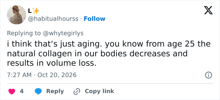 A tweet explaining natural collagen loss as a defense against plastic surgery trend accusations. A tweet explaining natural collagen loss as a defense against plastic surgery trend accusations.